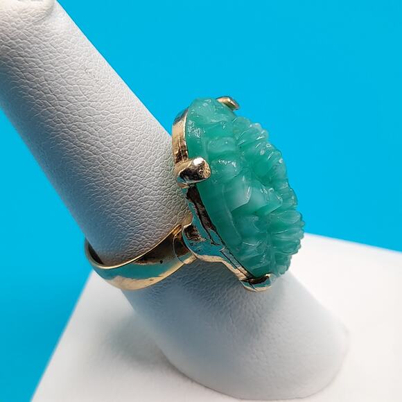 Vintage Faux Jade Flower Carved Ring Adjustable, US Size 8, Gold Tone - Picture 12 of 14